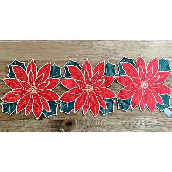 Christmas Holiday Table Runner Embroidered Poinsettia Red Green Holly Leaf - Picture 1 of 6